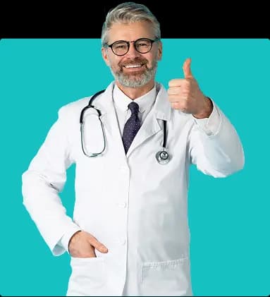 A smiling clinician in a white coat with a stethoscope giving a thumbs-up in front of a teal panel