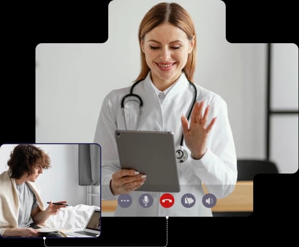 A doctor in a white coat and stethoscope smiling at a tablet on a video call, with the patient's own call window inset at the lower left