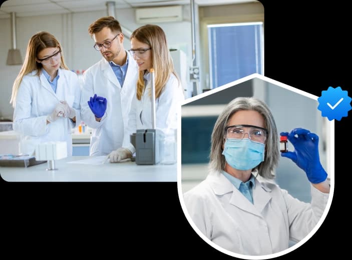 Three laboratory scientists in white coats examining a sample at a bench, paired with a masked scientist holding a specimen vial in a hexagon frame marked with a verified check