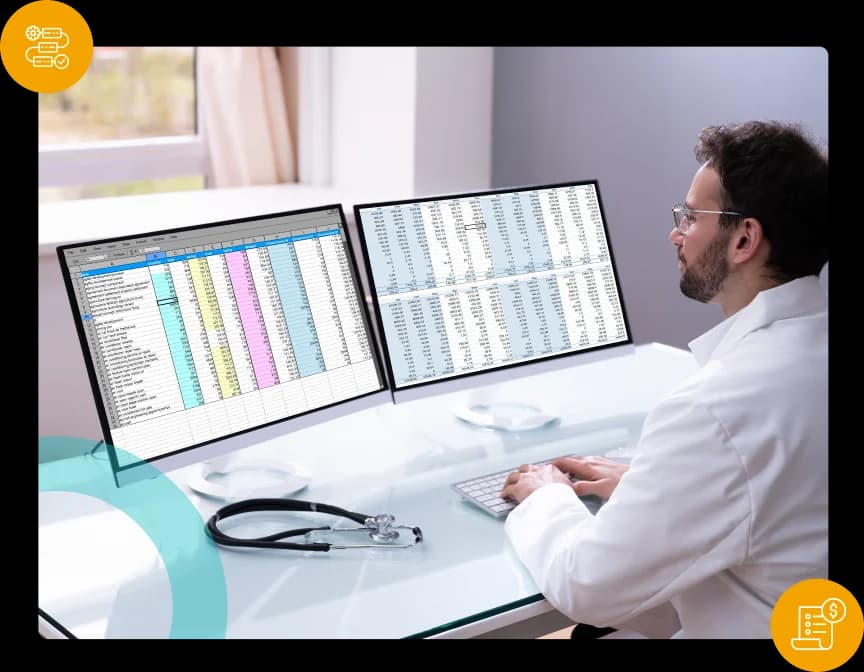 Billing specialists reviewing a claim workflow on screen