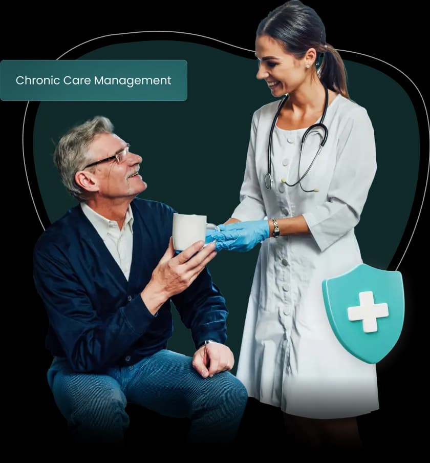 A cut-out of a smiling older man in glasses and a navy cardigan taking a white mug from a smiling clinician in a white coat with a stethoscope and blue gloves, over a pale mint heart outline, with a Chronic Care Management label and a teal shield bearing a white medical cross