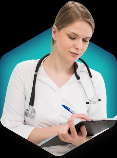 Clinician in a white coat with a stethoscope writing on a clipboard