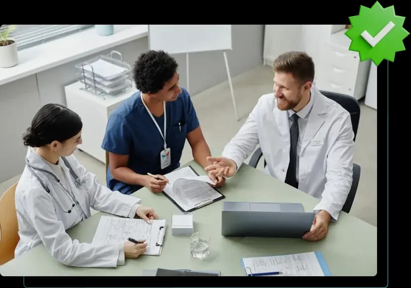 Two clinicians and a physician reviewing insurance paperwork together at a clinic desk