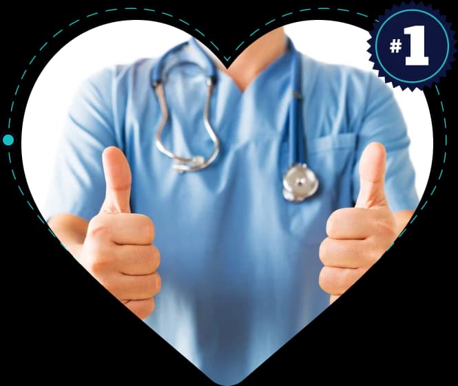 A clinician in blue scrubs with a stethoscope giving two thumbs up inside a heart-shaped frame, with a number one seal at its upper right
