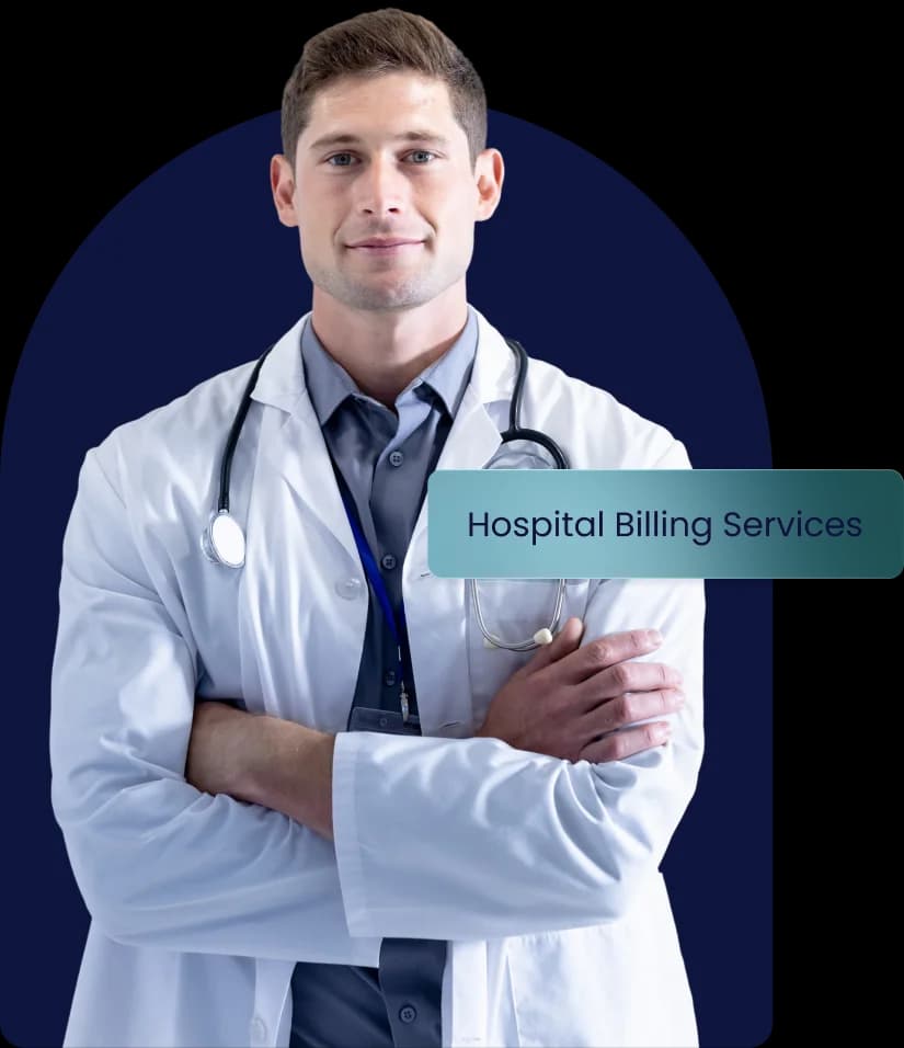A physician in a white coat with a stethoscope standing with arms folded against a navy arch, beside a label reading Hospital Billing Services