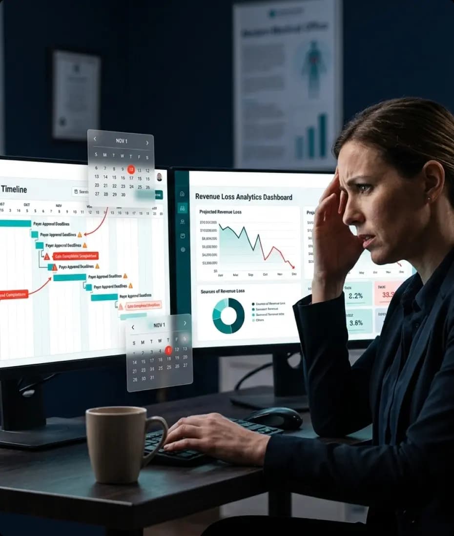 Credentialing coordinator reviewing an enrollment delay timeline and a revenue dashboard on two monitors