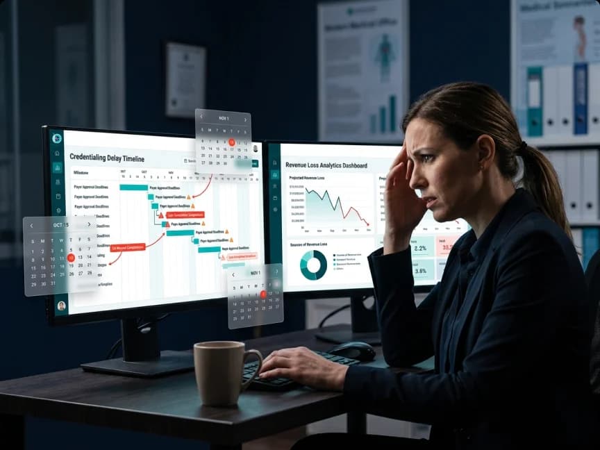 Credentialing coordinator reviewing an enrollment delay timeline and a revenue dashboard on two monitors