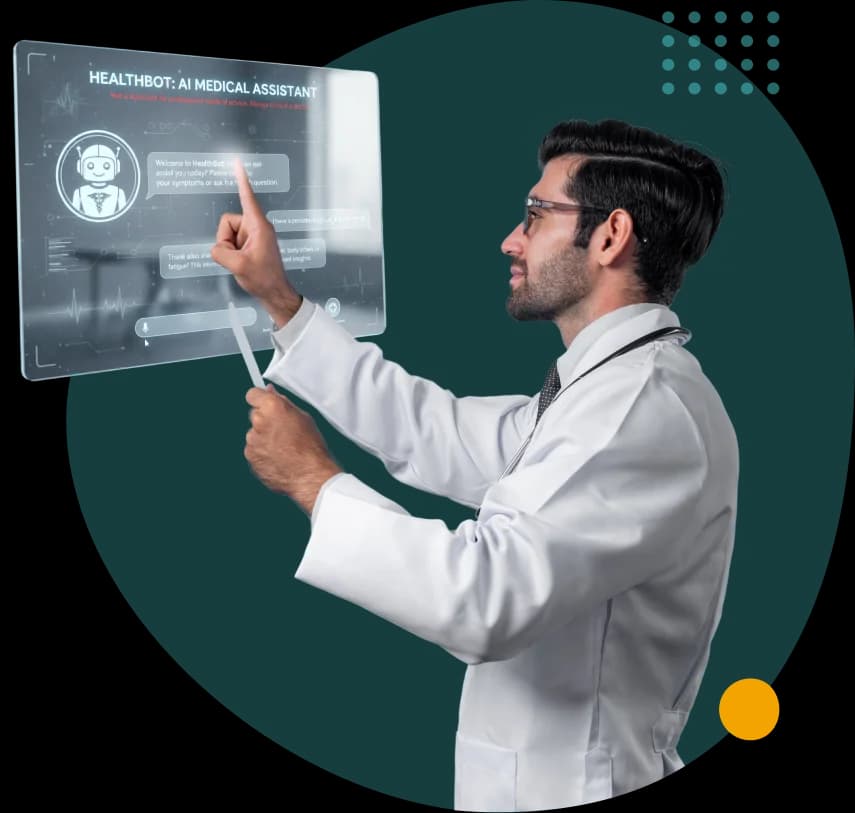 Physician in a white coat working at a translucent screen showing an automated assistant