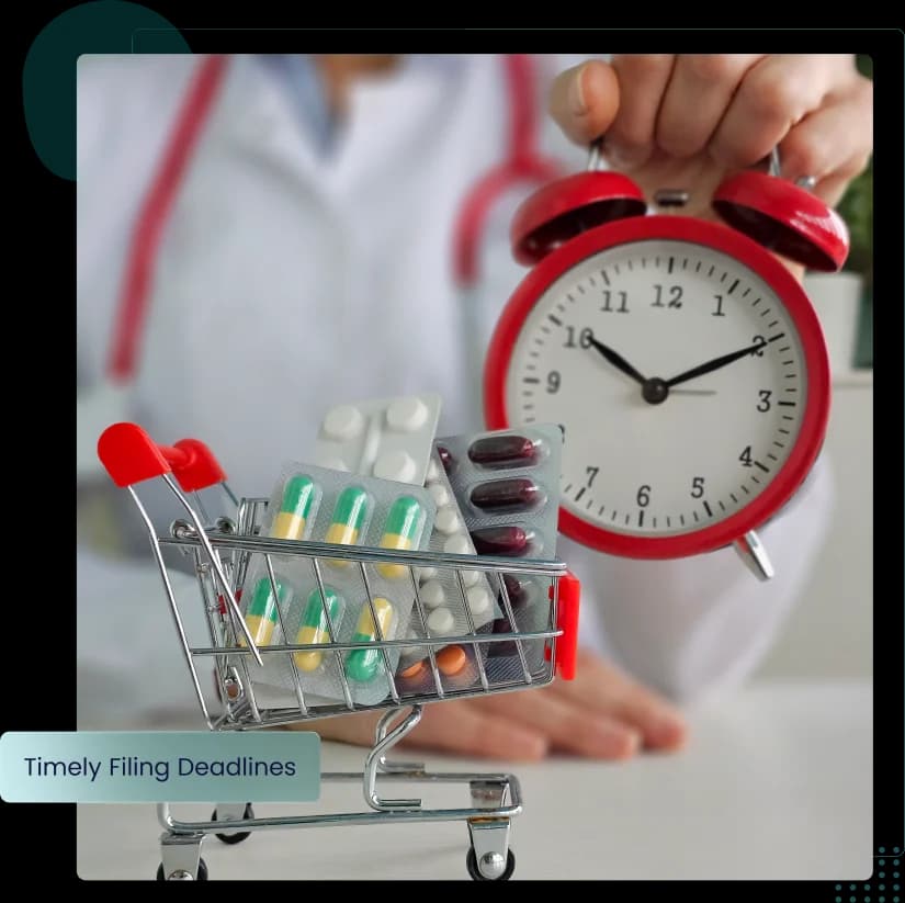 A clinician holding a red alarm clock beside a miniature shopping trolley of blister-packed medication, labelled timely filing deadlines