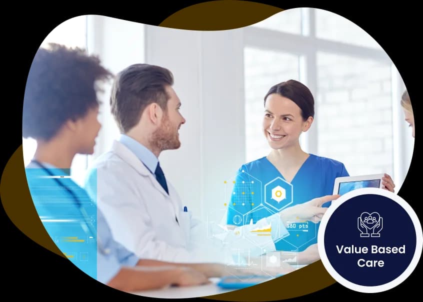 A physician in a white coat and two nurses in scrubs talking in a bright hospital room, one holding a tablet, with a value-based care badge and translucent analytics overlays