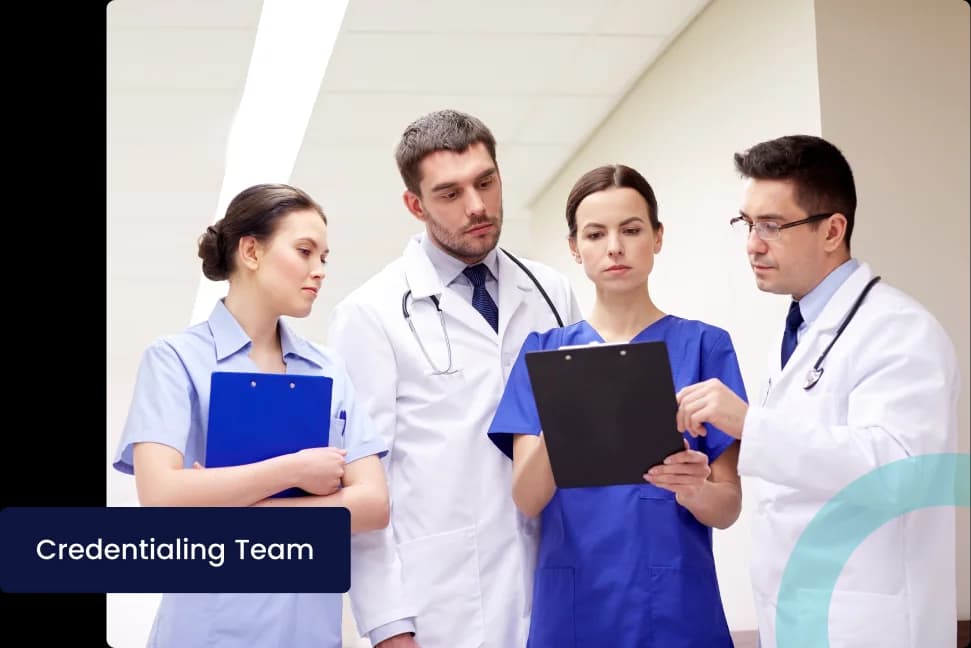 Four Dastify Solutions credentialing team members in white coats and scrubs reviewing a provider's enrollment file on a clipboard in a hospital corridor