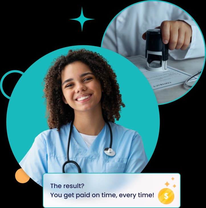 Smiling nurse in blue scrubs beside a clinician stamping a document