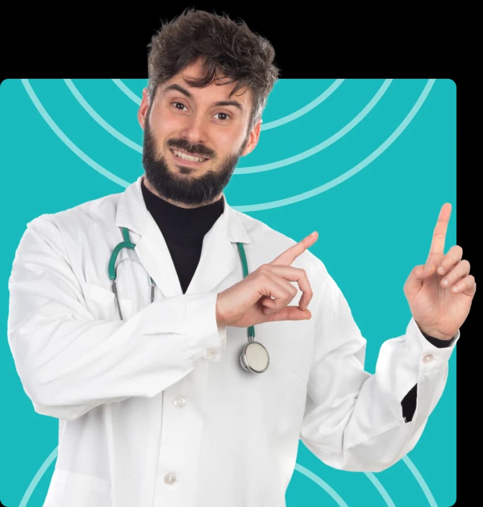 Smiling DME billing specialist pointing toward the service list