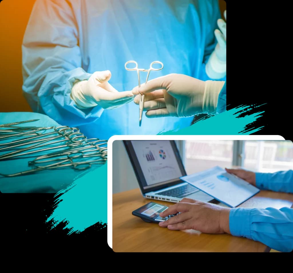 Surgical instruments being handed over, paired with a billing specialist reviewing charts on a laptop