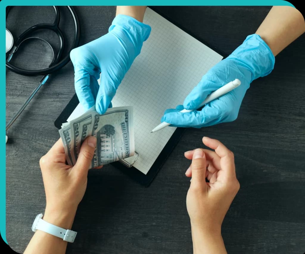DME biller confirming a payment with a payer alongside medical equipment