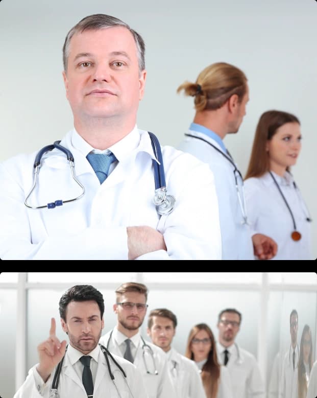 Two stacked photographs of clinical care teams in white coats and stethoscopes