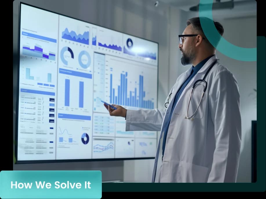 Hepatology clinician presenting a billing performance dashboard on a wall screen