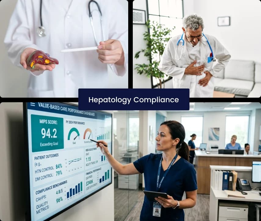 Hepatology care collage: a liver model, a patient in abdominal pain and a value-based care performance dashboard