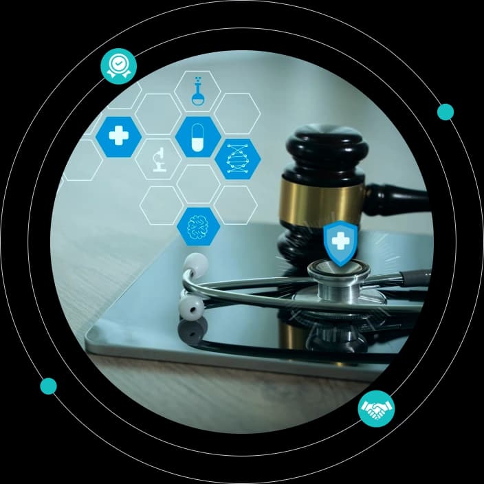 Gavel and stethoscope on a tablet beside a hexagon lattice of clinical compliance icons