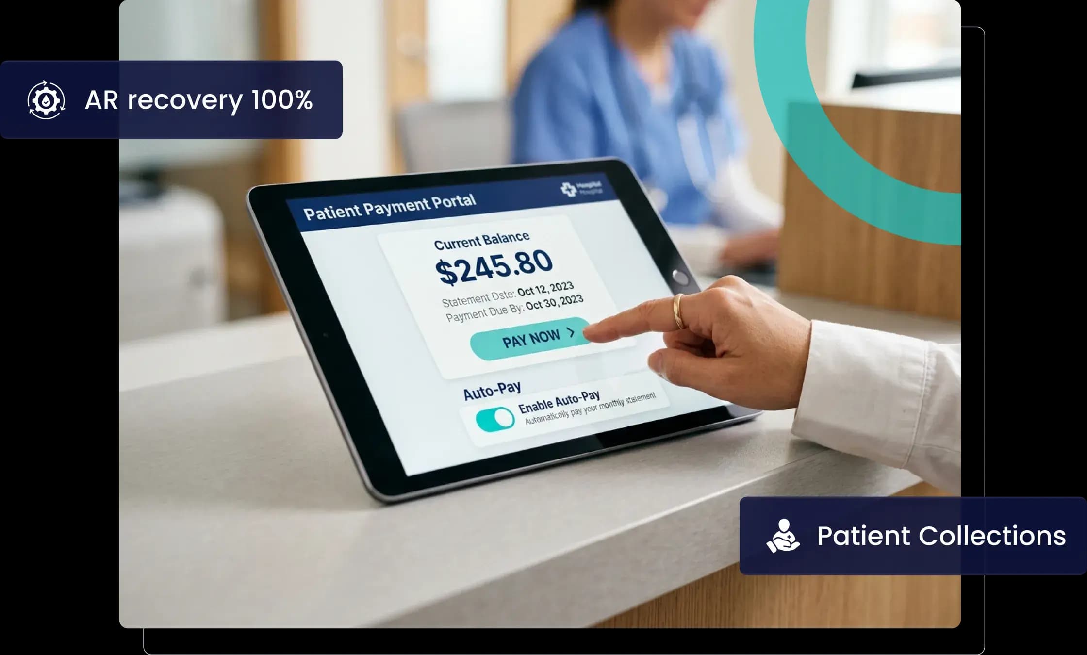 A patient tapping Pay Now on a front-desk tablet showing a patient payment portal balance with auto-pay enabled