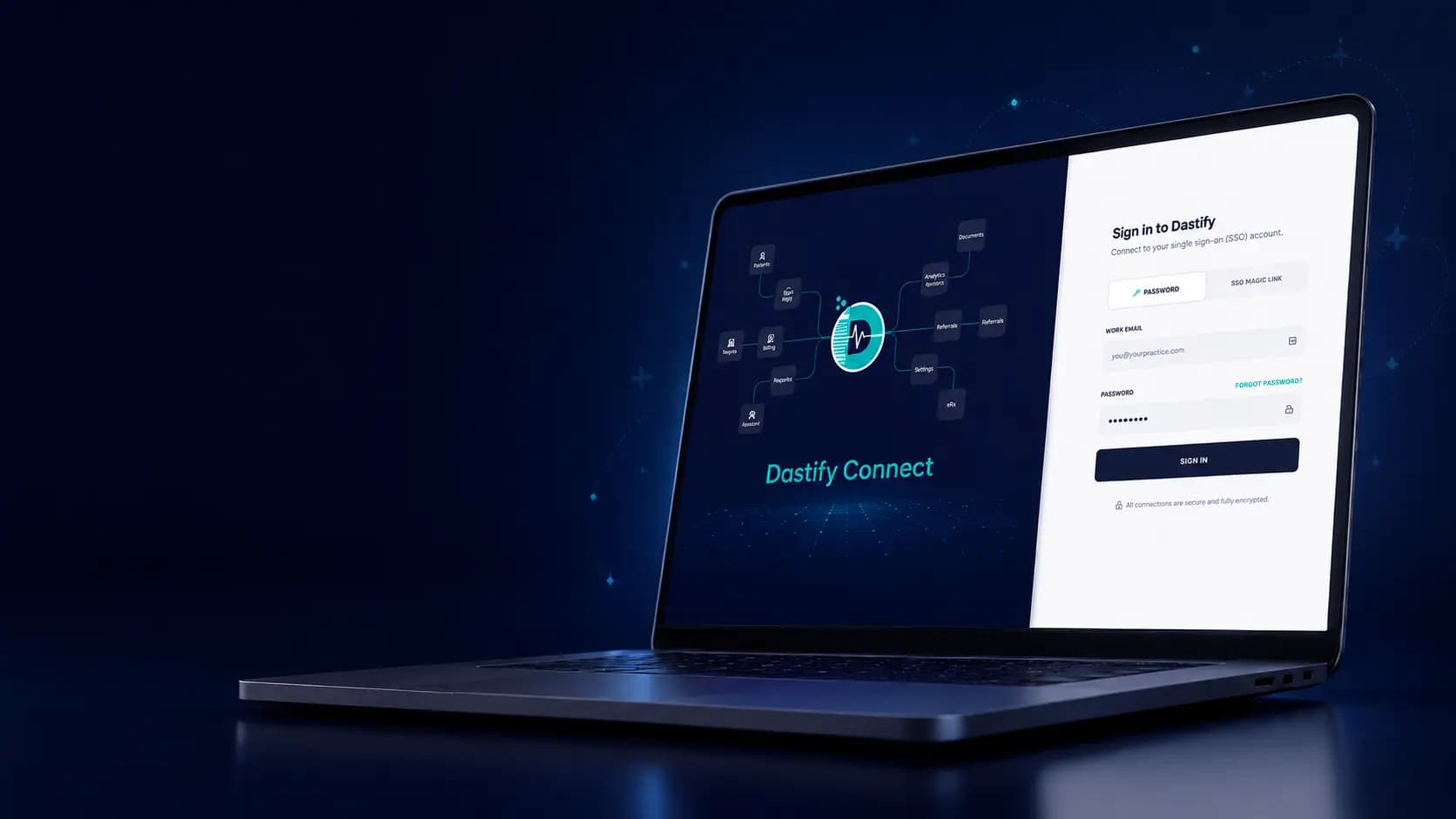 Laptop showing the Dastify Solutions credentialing portal sign-in screen