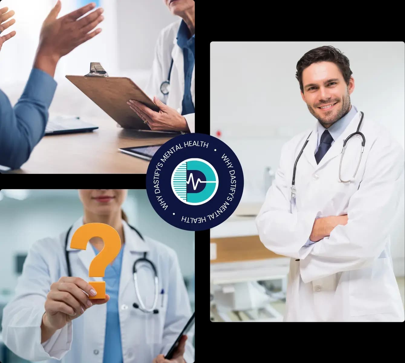 Collage of behavioral health clinicians reviewing appeal paperwork around a Dastify Solutions seal
