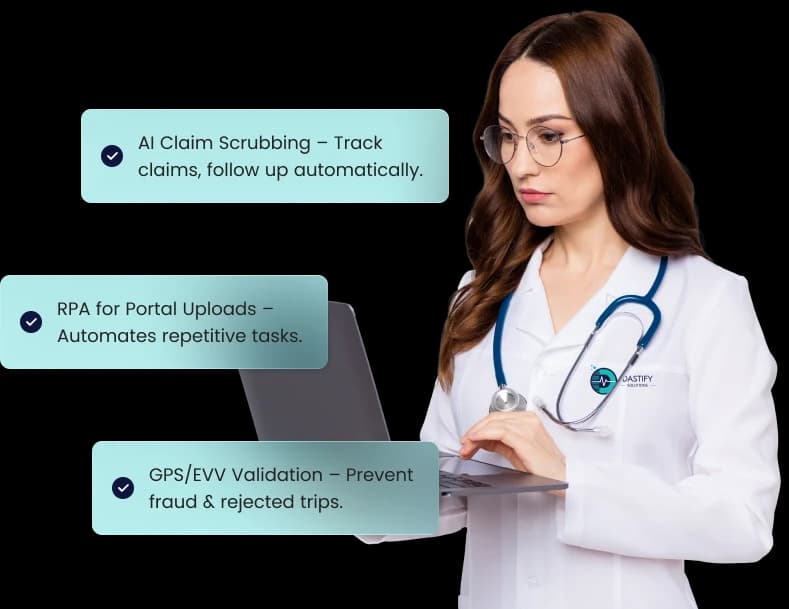 Clinician at a laptop beside labelled cards for AI claim scrubbing, RPA portal uploads and GPS/EVV validation