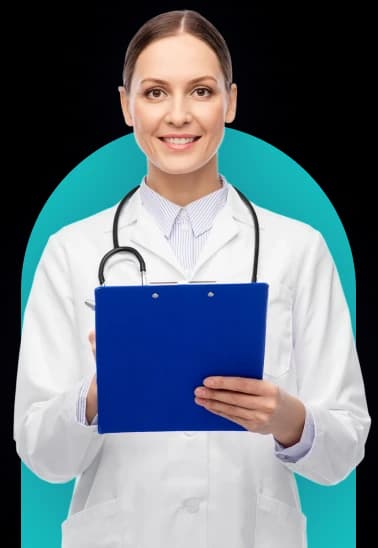 Clinician holding a clipboard, cut out over a teal arch