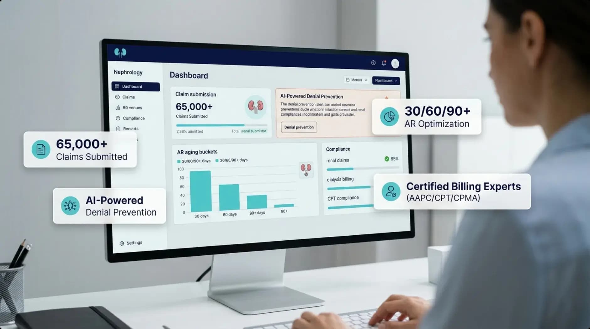 Nephrology billing dashboard showing claims submitted, A/R aging buckets and compliance checks