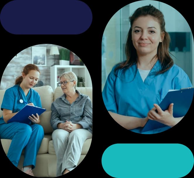 Nursing home staff reviewing care records with a resident
