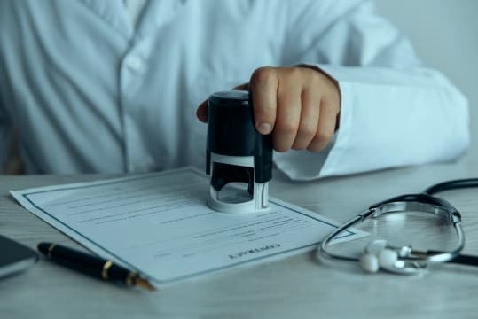 Physician stamping a signed billing contract beside a stethoscope