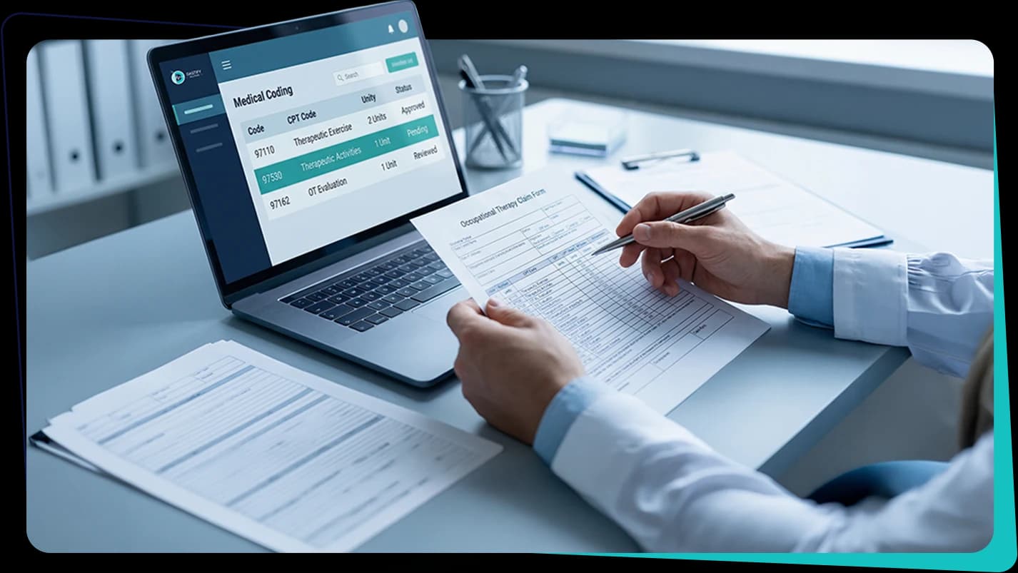 Occupational therapy coding worklist open beside a therapy claim form