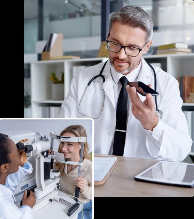 Optometrist on a call at his desk above a slit-lamp eye examination, the records Dastify Solutions keeps audit-ready