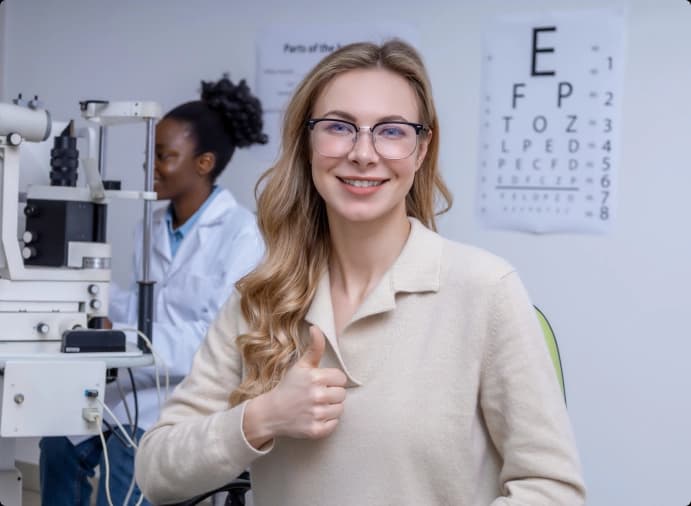 Optometry patient in an exam room with an eye chart behind her, supported by Dastify Solutions billing