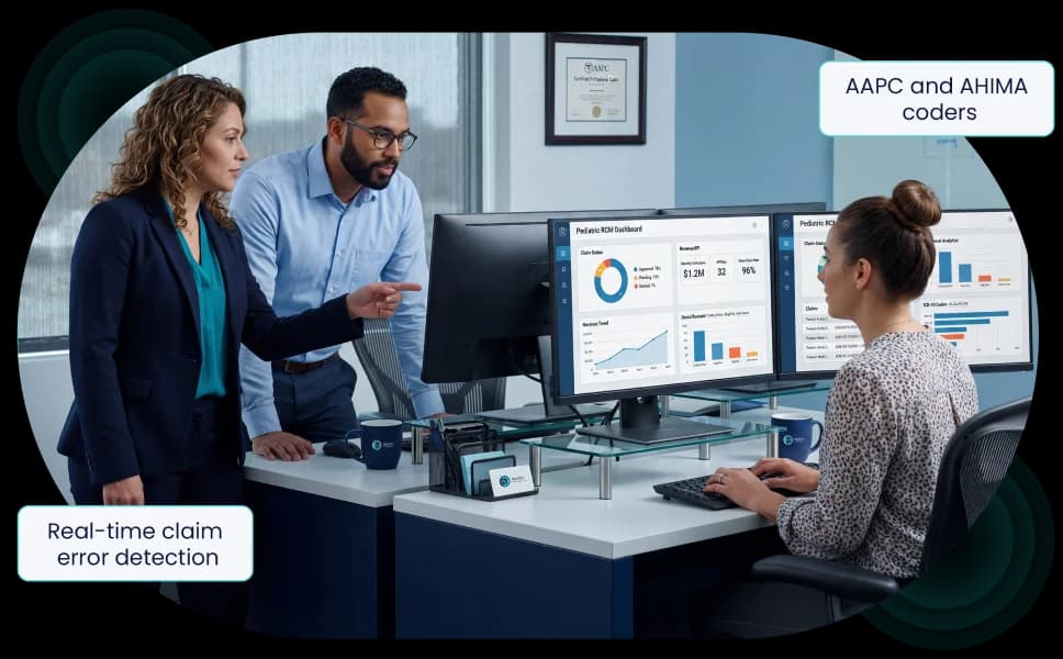 Pediatric billing team reviewing revenue cycle dashboards on two monitors