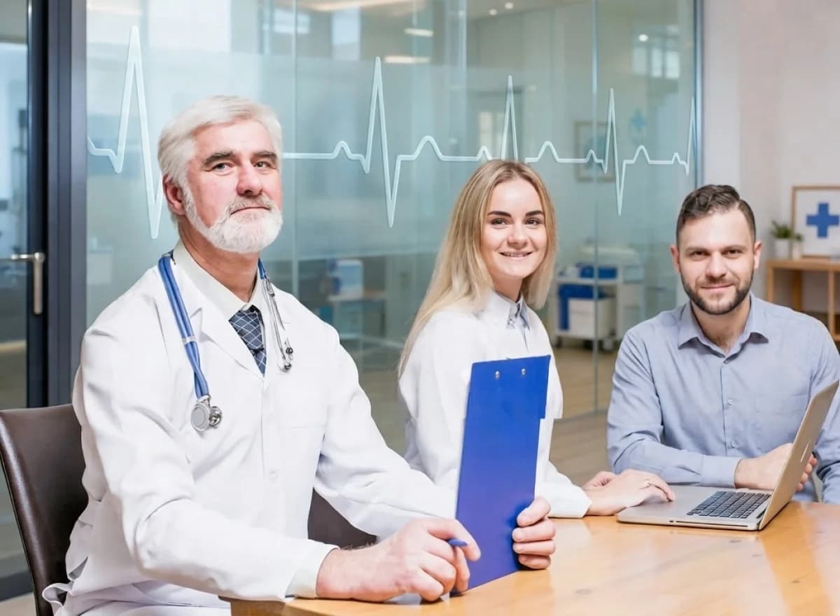 Smiling physician and practice staff at a meeting table