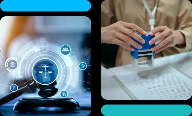 A gavel overlaid with a compliance data visualisation beside a hand stamping a document