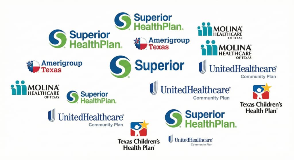 Logos of Superior HealthPlan, Amerigroup Texas, Molina Healthcare of Texas, UnitedHealthcare Community Plan and Texas Children's Health Plan