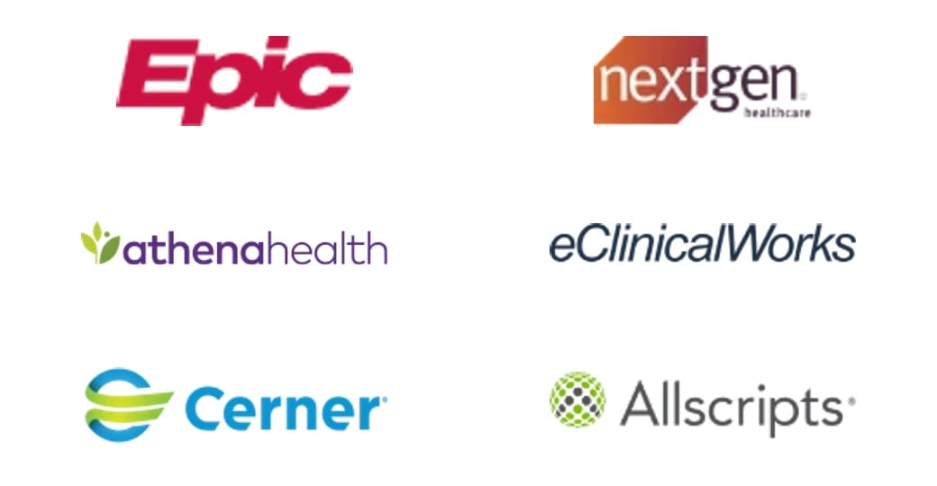 Epic, NextGen Healthcare, athenahealth, eClinicalWorks, Cerner and Allscripts logos