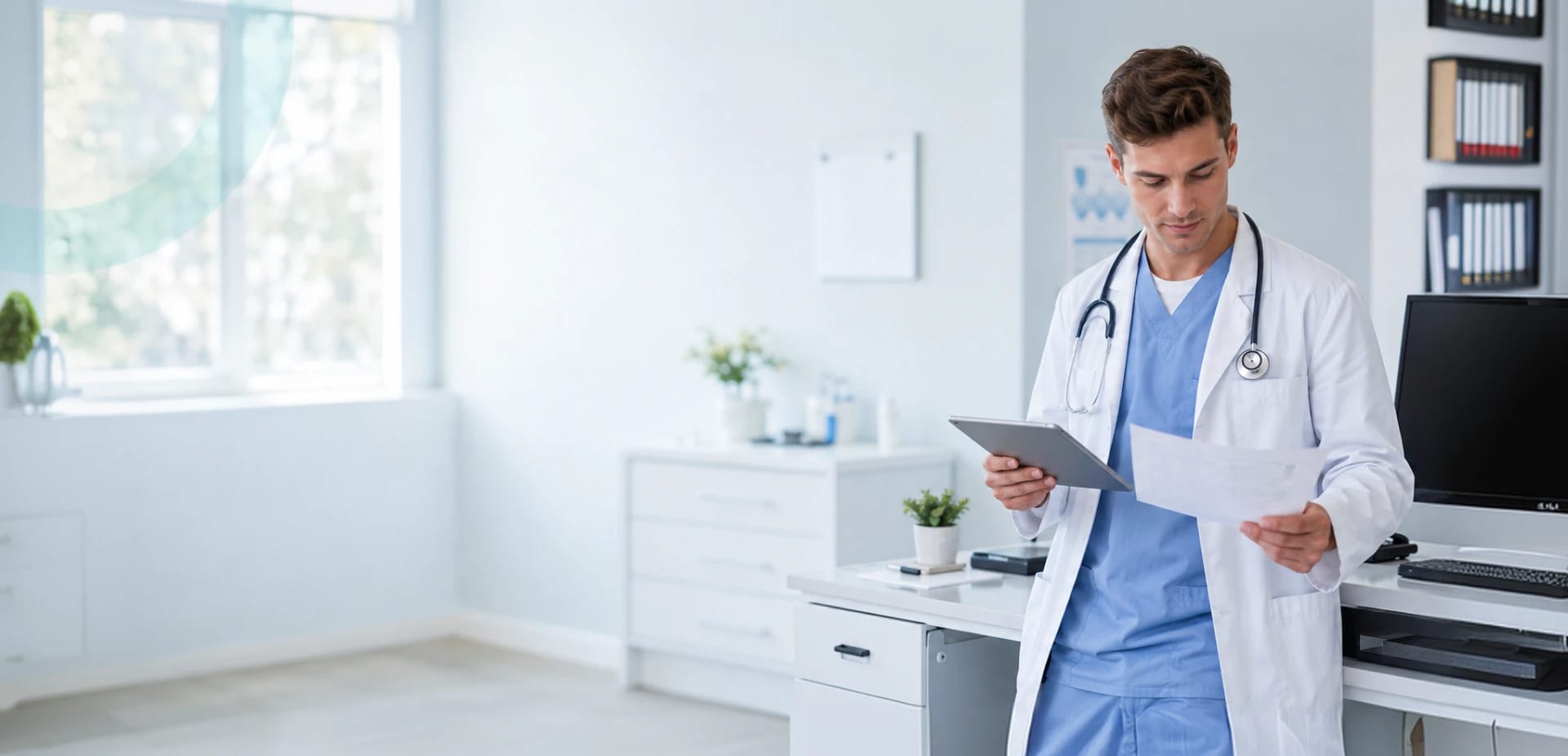 Physician reviewing patient records at a solo practice desk