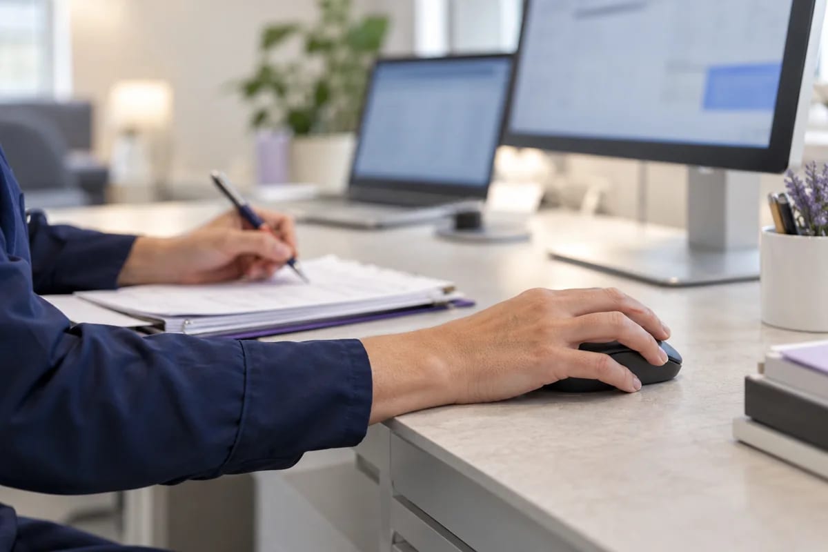 Detail of a billing professional reviewing paperwork at a workstation