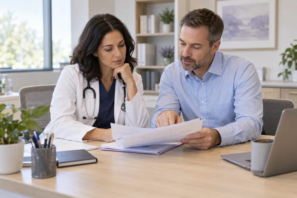 Physician and billing specialist reviewing deidentified paperwork