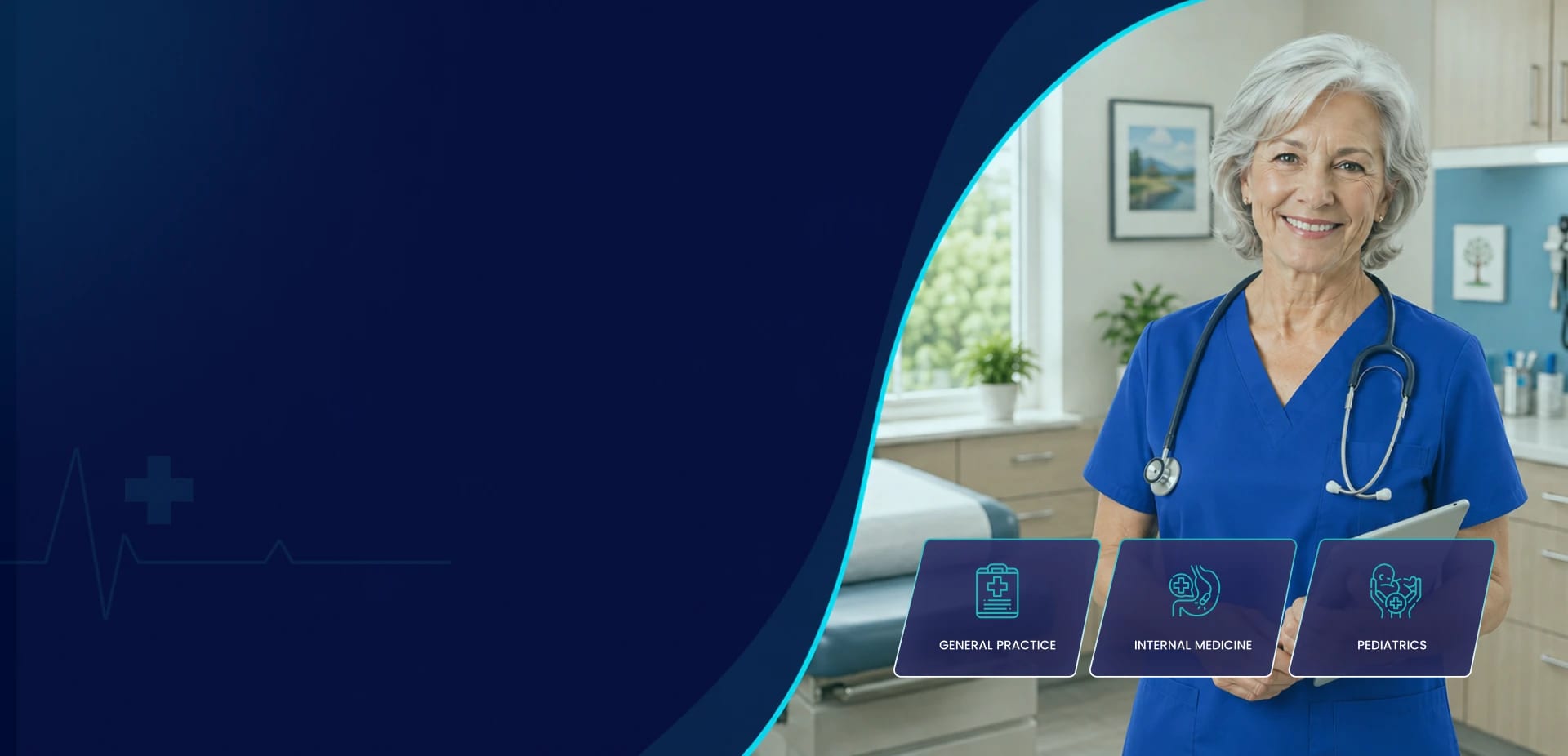 Smiling family physician in blue scrubs in an exam room beside general practice, internal medicine and pediatrics cards
