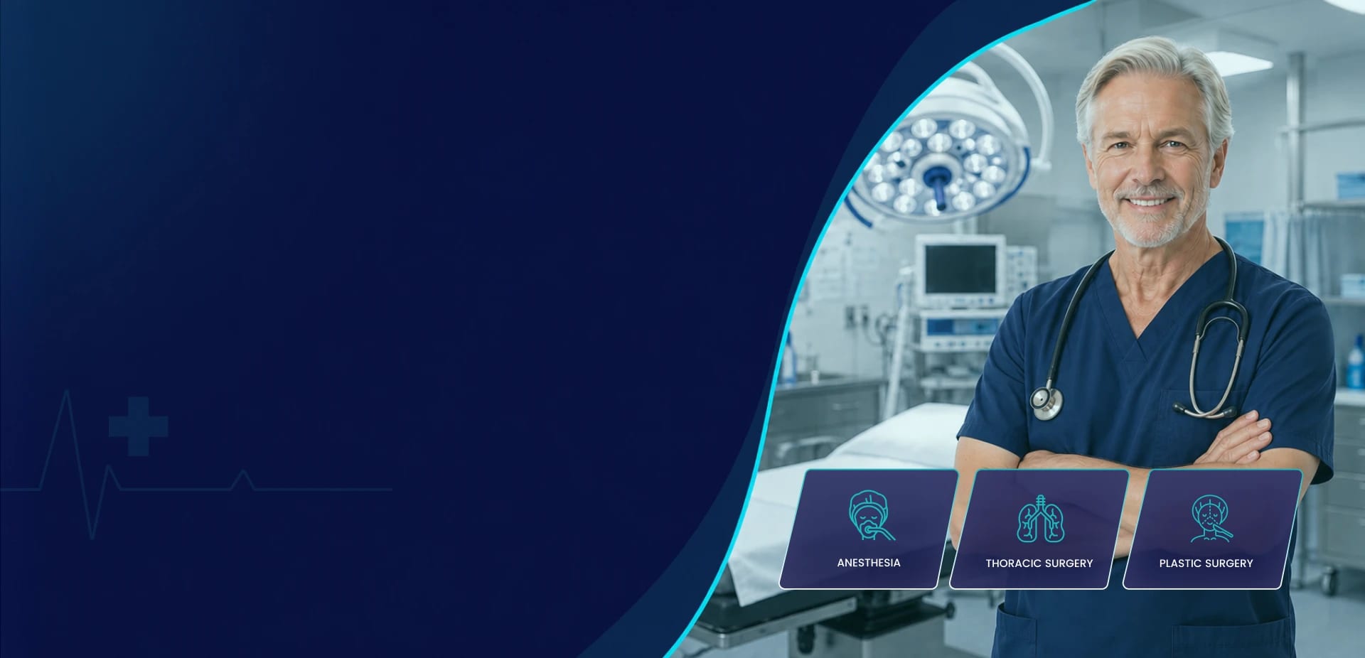 Surgeon in scrubs standing in an operating room beside anesthesia, thoracic surgery and plastic surgery cards