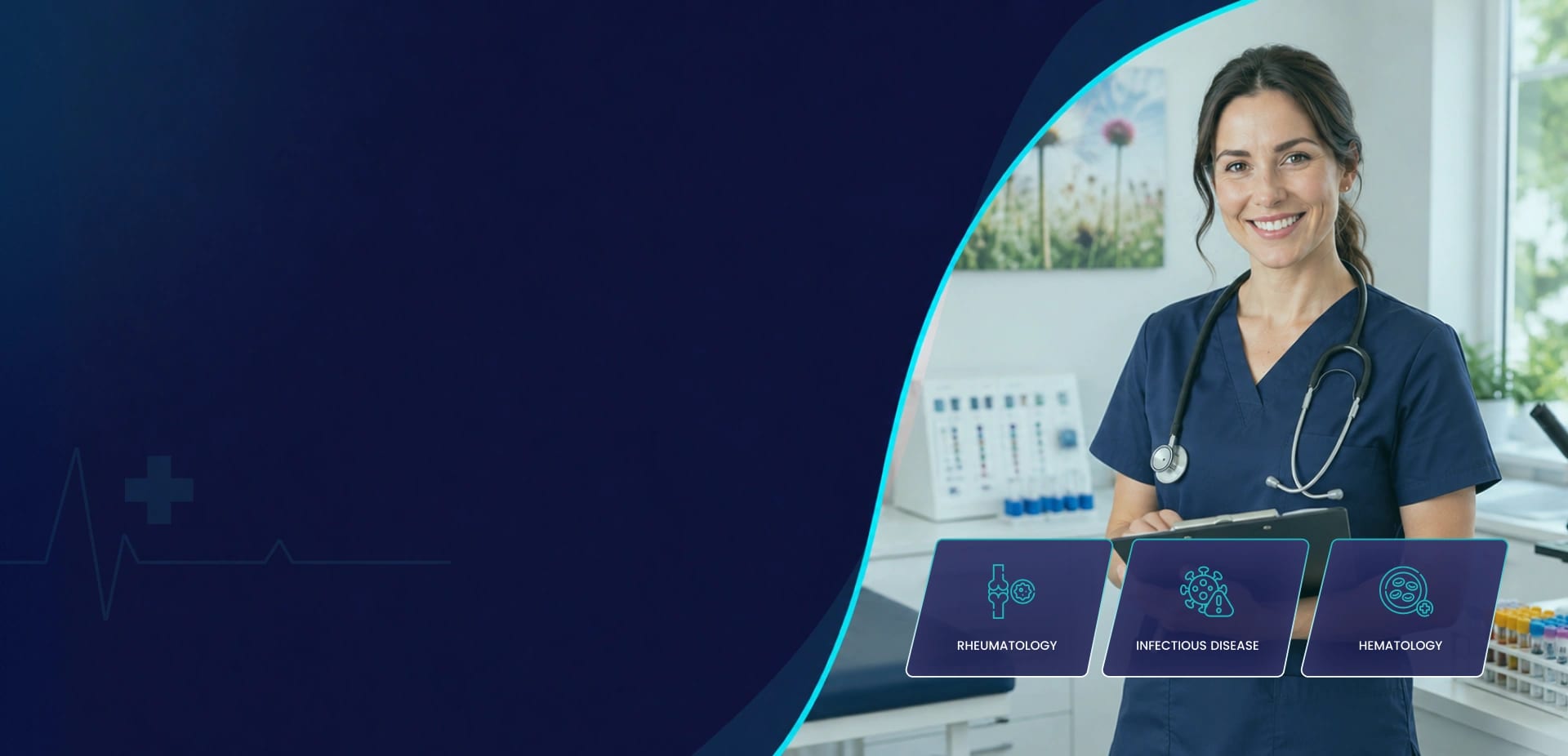 Immunology nurse with a clipboard beside rheumatology, infectious disease and hematology cards
