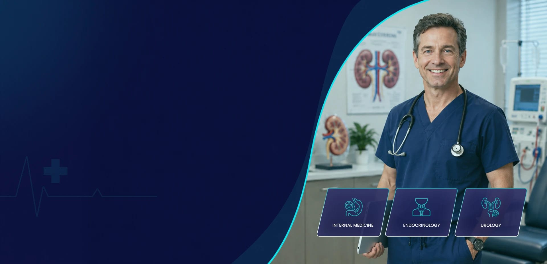 Nephrologist in scrubs beside kidney anatomy charts in a dialysis clinic