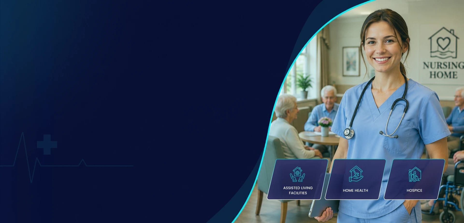 Nursing home clinician with a stethoscope in a skilled nursing facility common room
