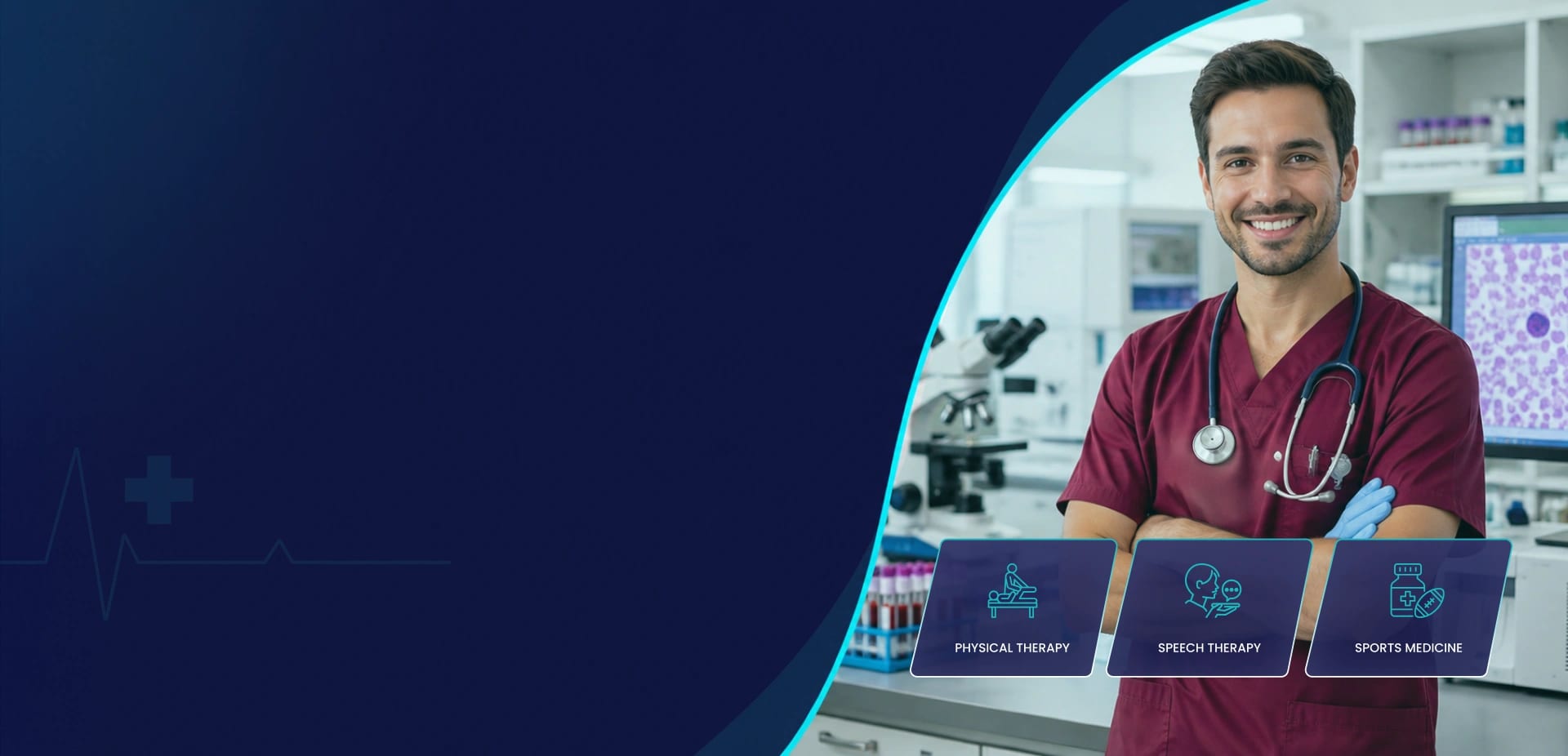 Occupational therapy clinician in a clinic, with physical therapy, speech therapy and sports medicine marks