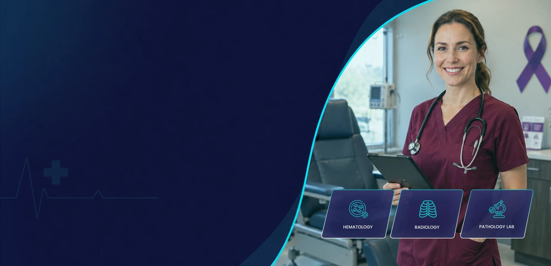 Oncology nurse with a tablet in a cancer care clinic beside hematology, radiology and pathology lab cards