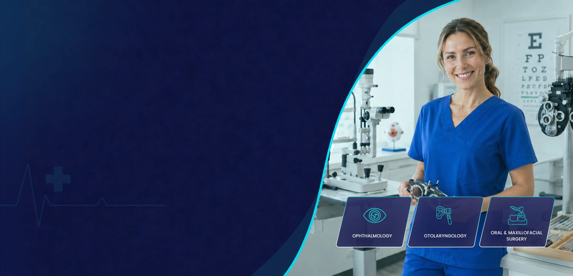 Optometrist holding a trial frame in an eye clinic beside a slit lamp and eye chart